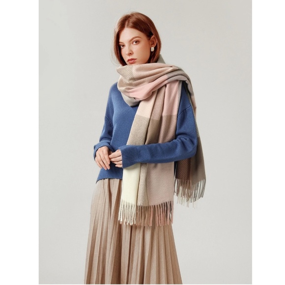 Colorblock Plaid Pastel Colors Wide Scarf Shawl Pink Beige Tan Cream Fringe - Picture 2 of 6